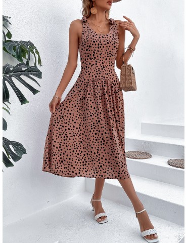 Summer Square Neck Sleeveless Waist Polka Dot Dress Long