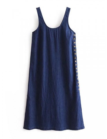 Denim Pure Color Side Buttons Splited Sleeveless Casual Dresses