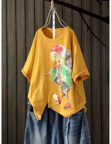 Cartoon Printed Asymmetrical Short Sleeve Pullover T-Shirt