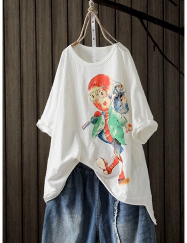 Cartoon Printed Asymmetrical Short Sleeve Pullover T-Shirt