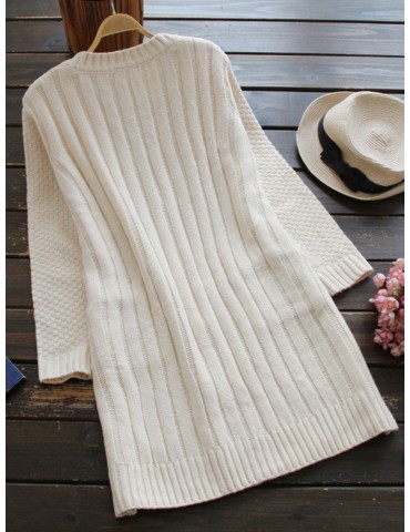 Casual Pure Color Long Sleeve V-neck Women Knitting Coats