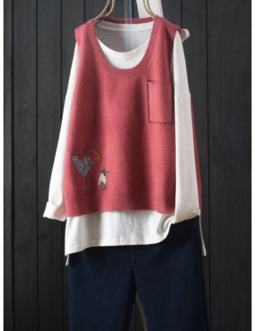 Embroidery Side Splited Casual Women Vest Sweater