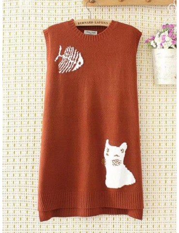 Casual Knit Cat Fish Crew Neck Vest Sweater