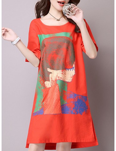 Casual Cartoon Print Half Sleeve High Low Plus Size Dress