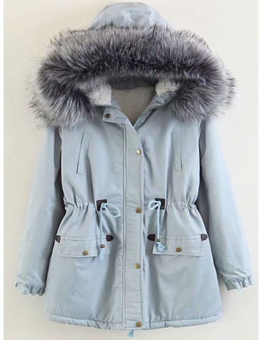 Casual Large Fur Collar Waist Slim Hooded Coat