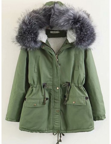 Casual Large Fur Collar Waist Slim Hooded Coat