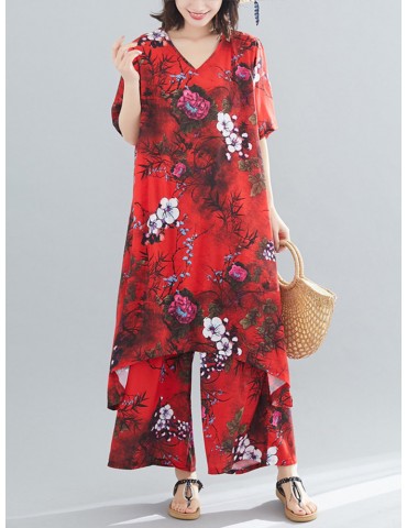 Vintage Chiffon Print Loose V-neck Blouse and Wide Leg Pants Suit