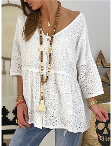 Lace Crochet V-neck Half Sleeve Loose Plus Size Blouse