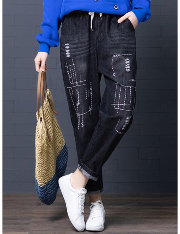 Casual Ripped Black Elastic Waist Loose Pants