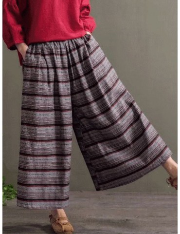 Floral Striped Print Elastic Waist Wide Leg Vintage Pants