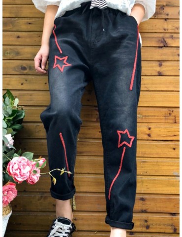 Embroidery Stars Elastic Waist Harem Denim