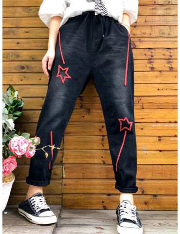 Embroidery Stars Elastic Waist Harem Denim