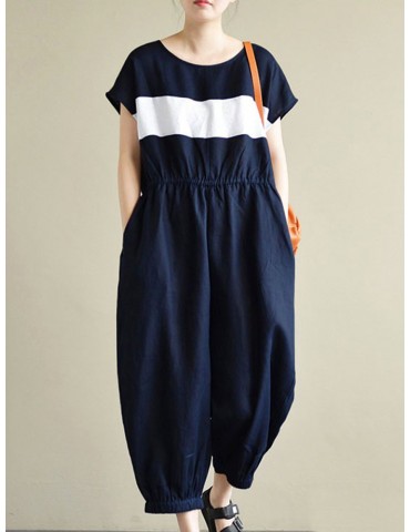 Stripe Casual Overalls Bib Cargo Pants Short Sleeve Long Jumpsuits